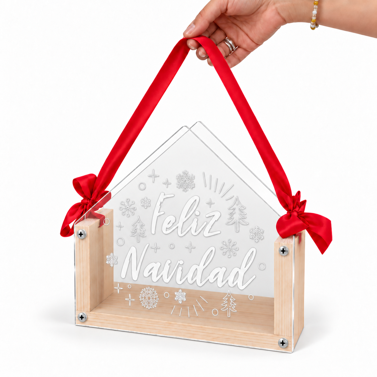 Caja Navideña Personalizable de Madera y Acrílico en Forma de Casita