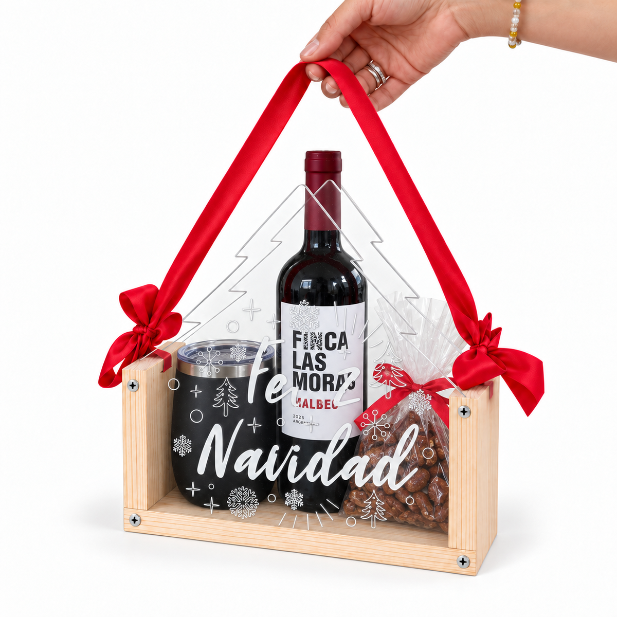 Caja Navideña Personalizable de Madera y Acrílico en Forma de Pino