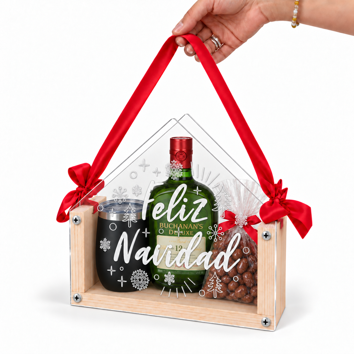 Caja Navideña Personalizable de Madera y Acrílico en Forma de Casita