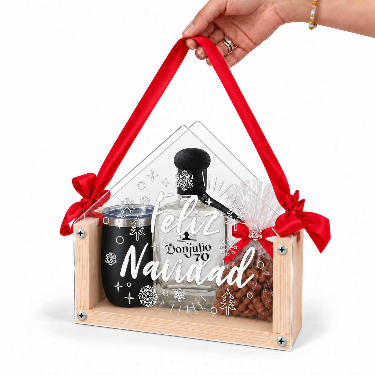 Caja Navideña Personalizable de Madera y Acrílico en Forma de Casita