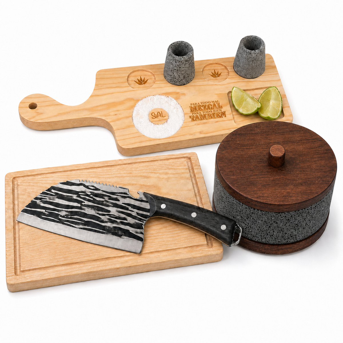 Kit Parrillero Premium | Molcajete Calli, Hacha, Tabla y Tequilero Personalizados