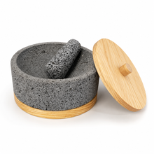 Load image in gallery viewer, Molcajete de Piedra Volcánica con Base y Tapa de Pino - Calli 8"