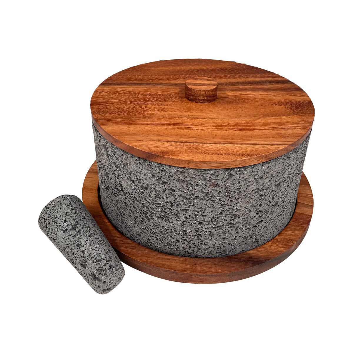 Molcajete Calli de Piedra Volcánica con Base Y Tapa De Madera de Parota (4 Litros)
