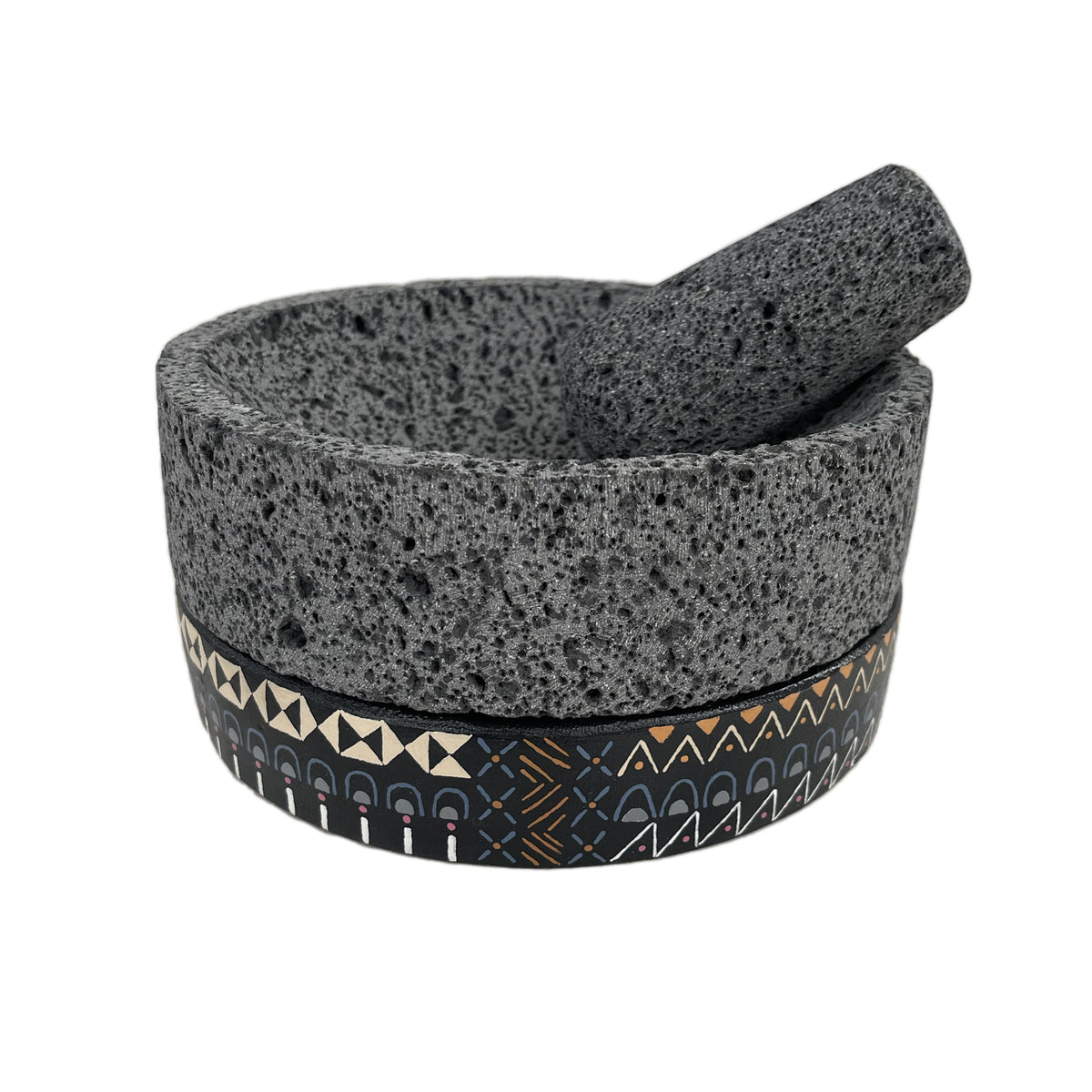 Molcajete de Piedra Volcánica con Base Pintada a Mano (Grande) - Calli 8" (Modelo A)