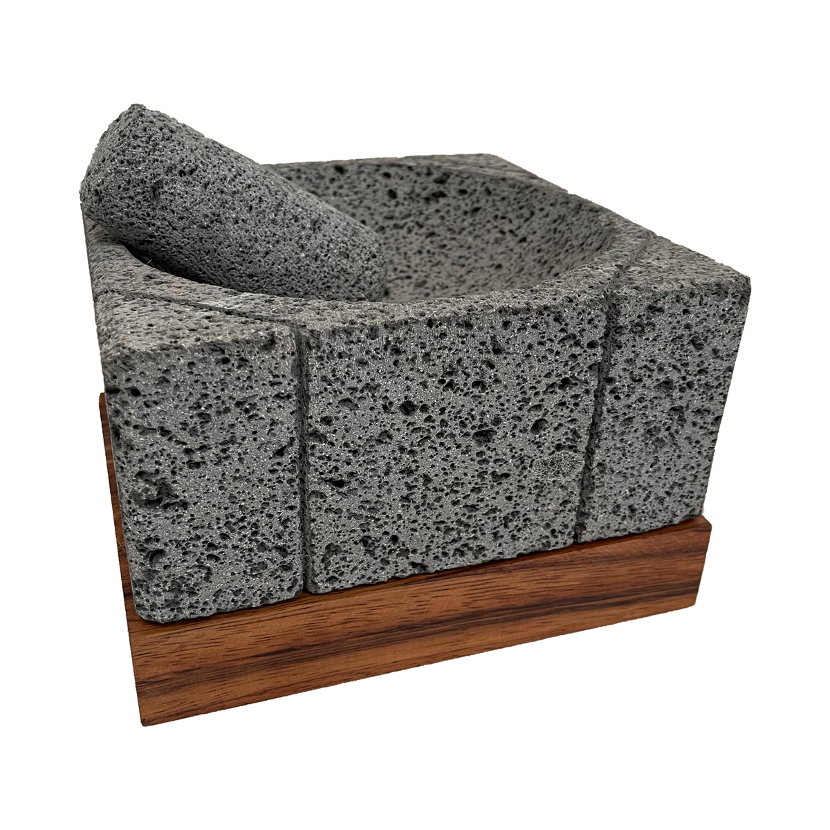 Molcajete Cuadrado 20x20cms Piedra Volcanica con Base de Parota (Base Grande) - Acohuic