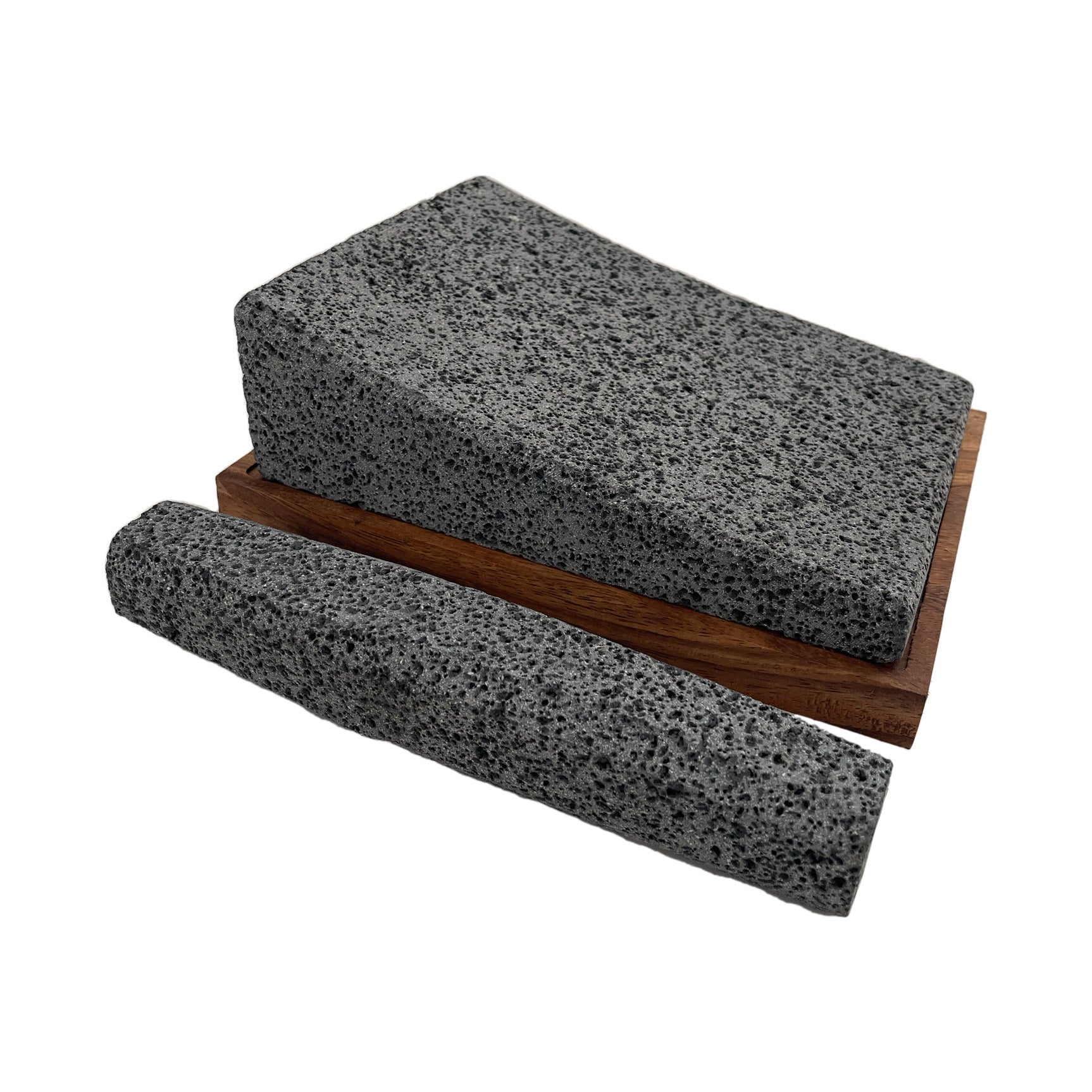 Metate de Piedra Volcánica con Metlapil y Base de Parota Wood Planks MX