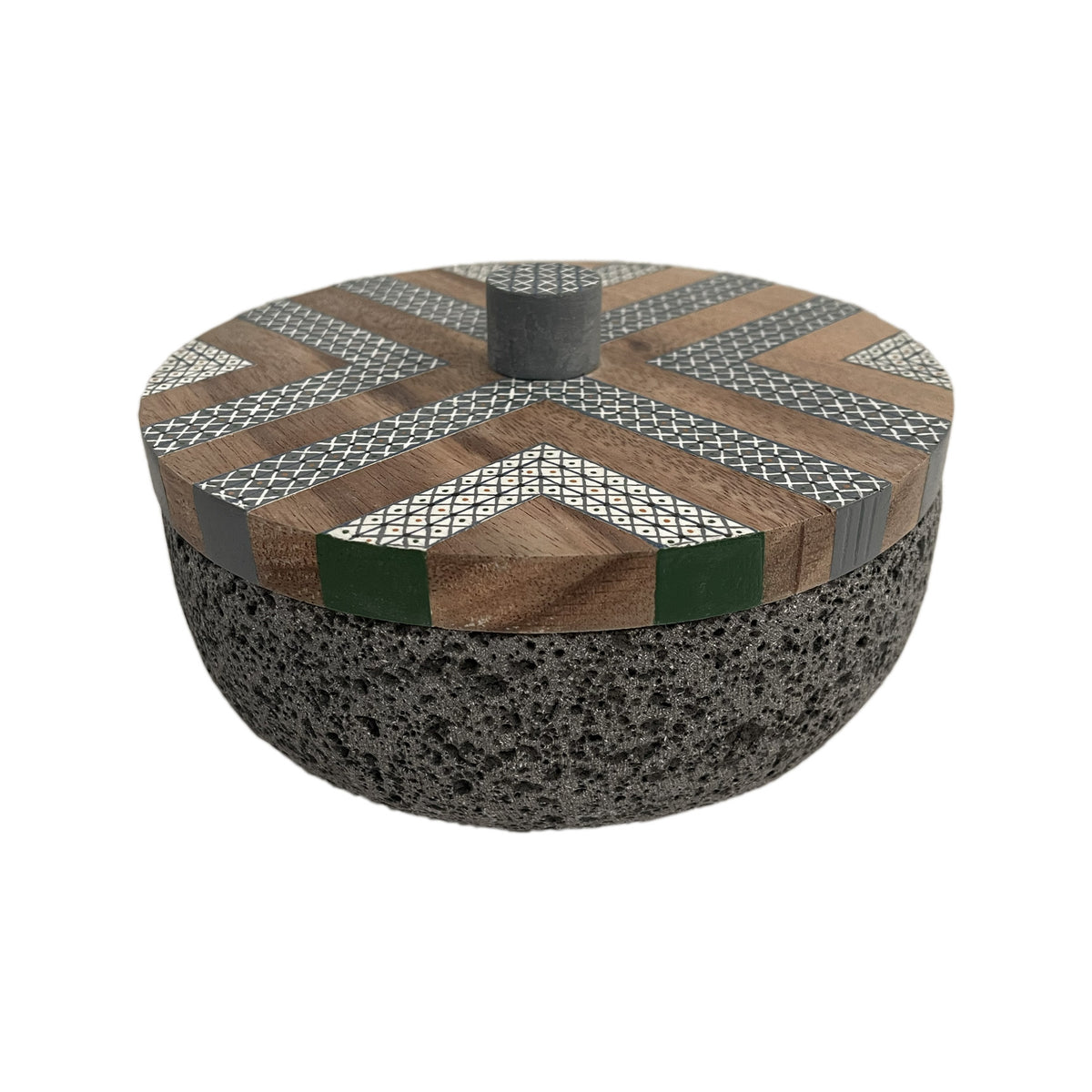 Tortillero De Piedra Volcánica Con Tapa de Madera de Parota Pintada a Mano - Tlahuanoni (Modelo A)