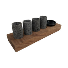 Cargar imagen en el visor de la galería, Tequilero de Tablón de Parota con Ramequin y Caballitos de Piedra Volcánica