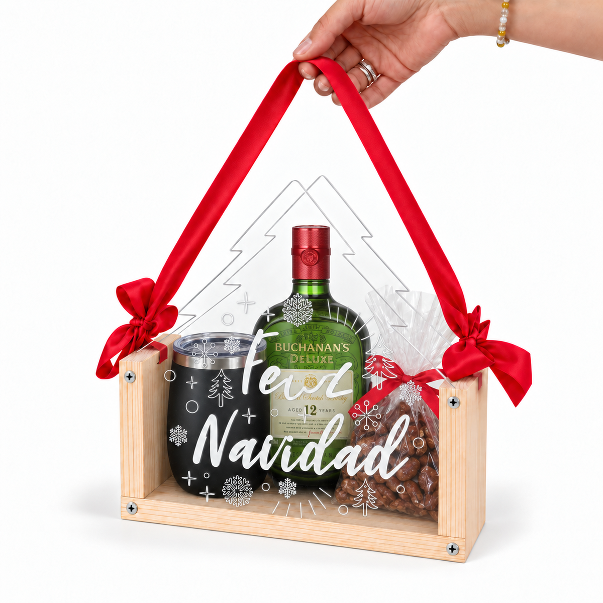 Caja Navideña Personalizable de Madera y Acrílico en Forma de Pino