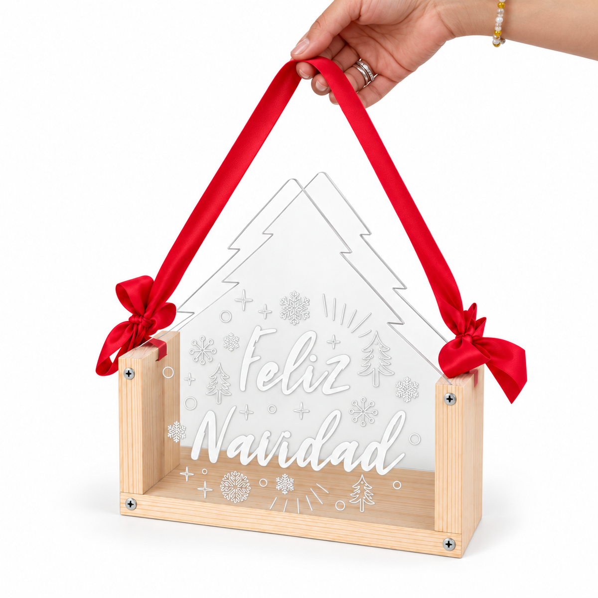 Caja Navideña Personalizable de Madera y Acrílico en Forma de Pino