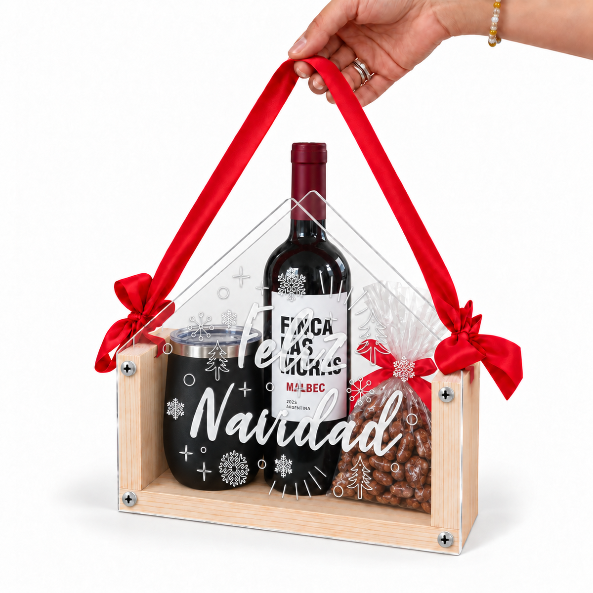 Caja Navideña Personalizable de Madera y Acrílico en Forma de Casita