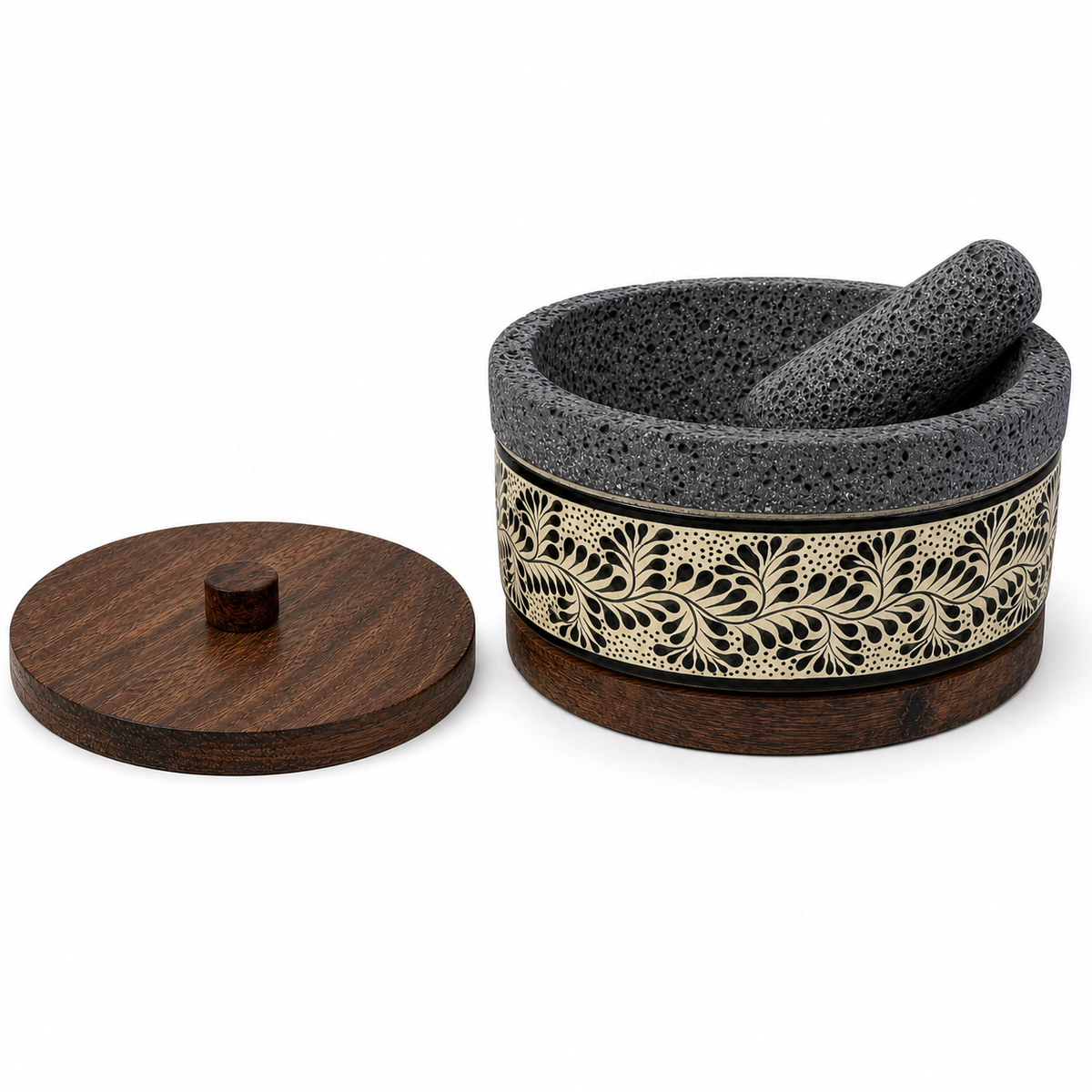 Molcajete de Piedra Volcánica y Cerámica Pintada a Mano con Base de Parota - Calli Cerámico