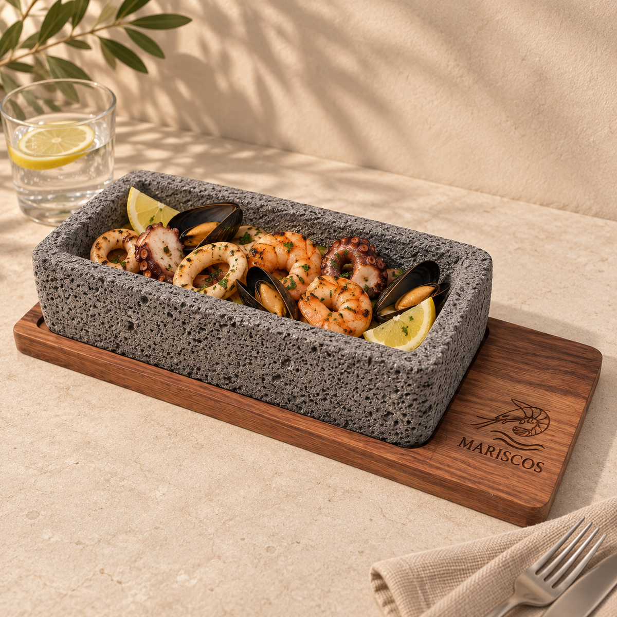 Plato Rectangular de Piedra Volcánica con Base de Parota