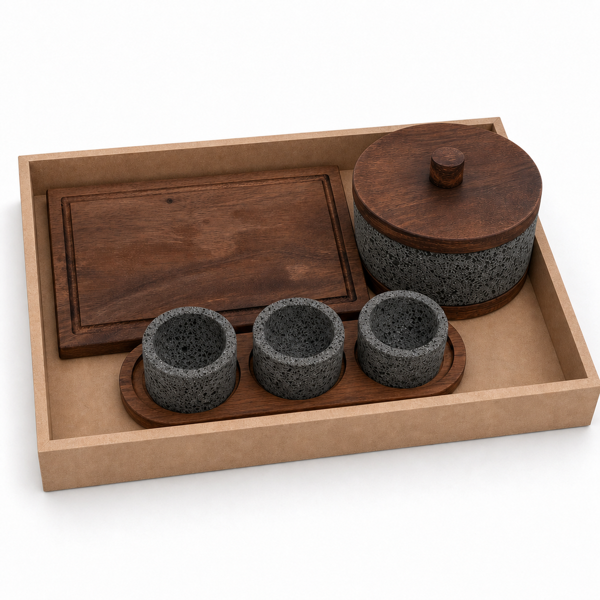 Kit Corporativo Premium | Molcajete Calli, Salsero, Tabla y Caja Personalizados