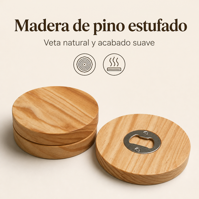 Portavasos de pino personalizados con Destapador