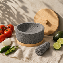 Load image in gallery viewer, Molcajete de Piedra Volcánica con Base y Tapa de Pino - Calli 8"
