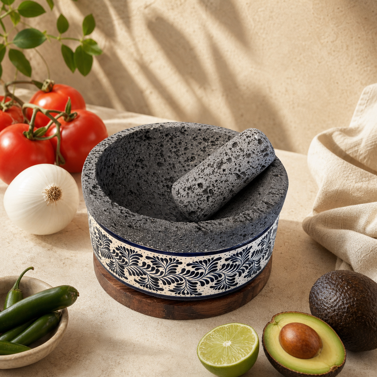 Molcajete de Piedra Volcánica y Cerámica Pintada a Mano con Base de Parota - Calli Cerámico