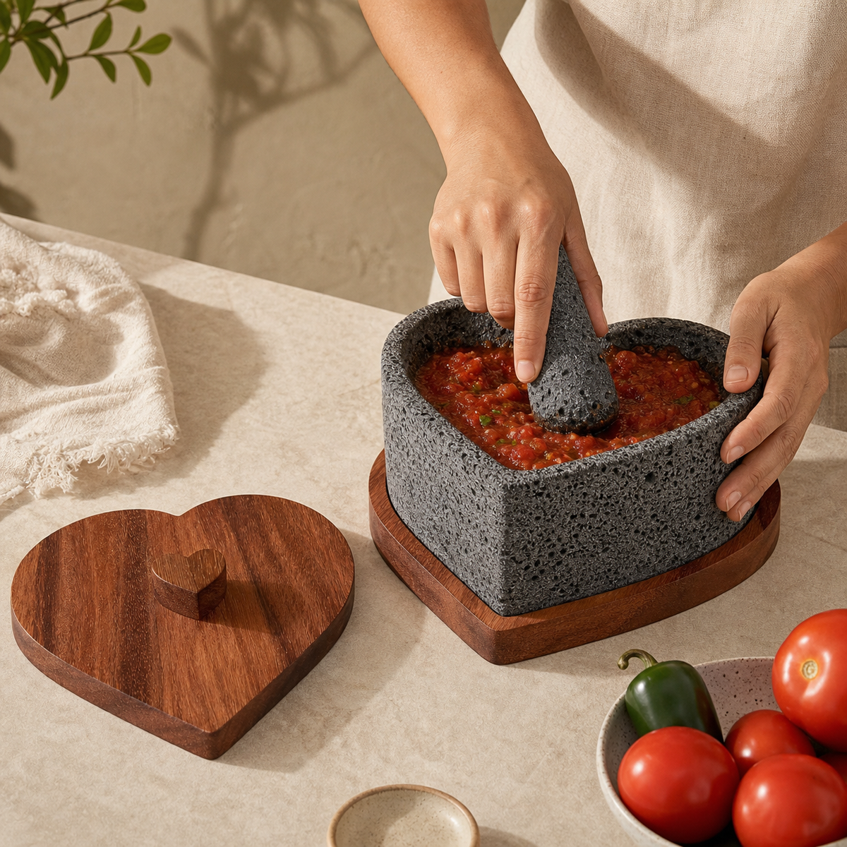 Molcajete en Forma de Corazón de Piedra Volcanica