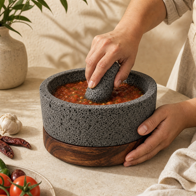 Molcajete de Piedra Volcánica con Base (Grande) - Calli 8"