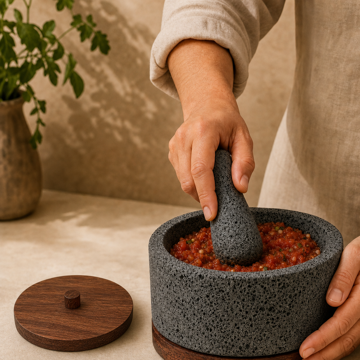 Molcajete de Piedra Volcánica con Base y Tapa - Calli 8"