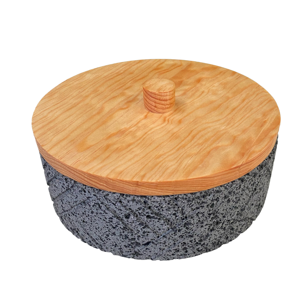 Remate- Tortillero De Piedra Volcánica Rayado Con Tapa de Madera de Pino - Xomolli