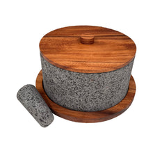 Load image in gallery viewer, Molcajete Calli de Piedra Volcánica con Base Y Tapa De Madera de Parota (8 Litros)
