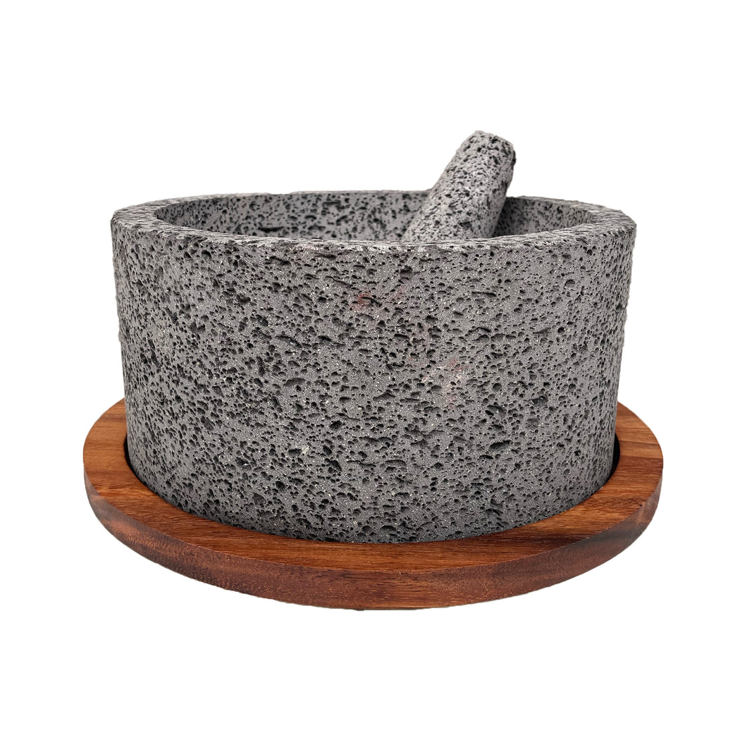 Molcajete Calli de Piedra Volcánica con Base Y Tapa De Madera de Parota (4 Litros)