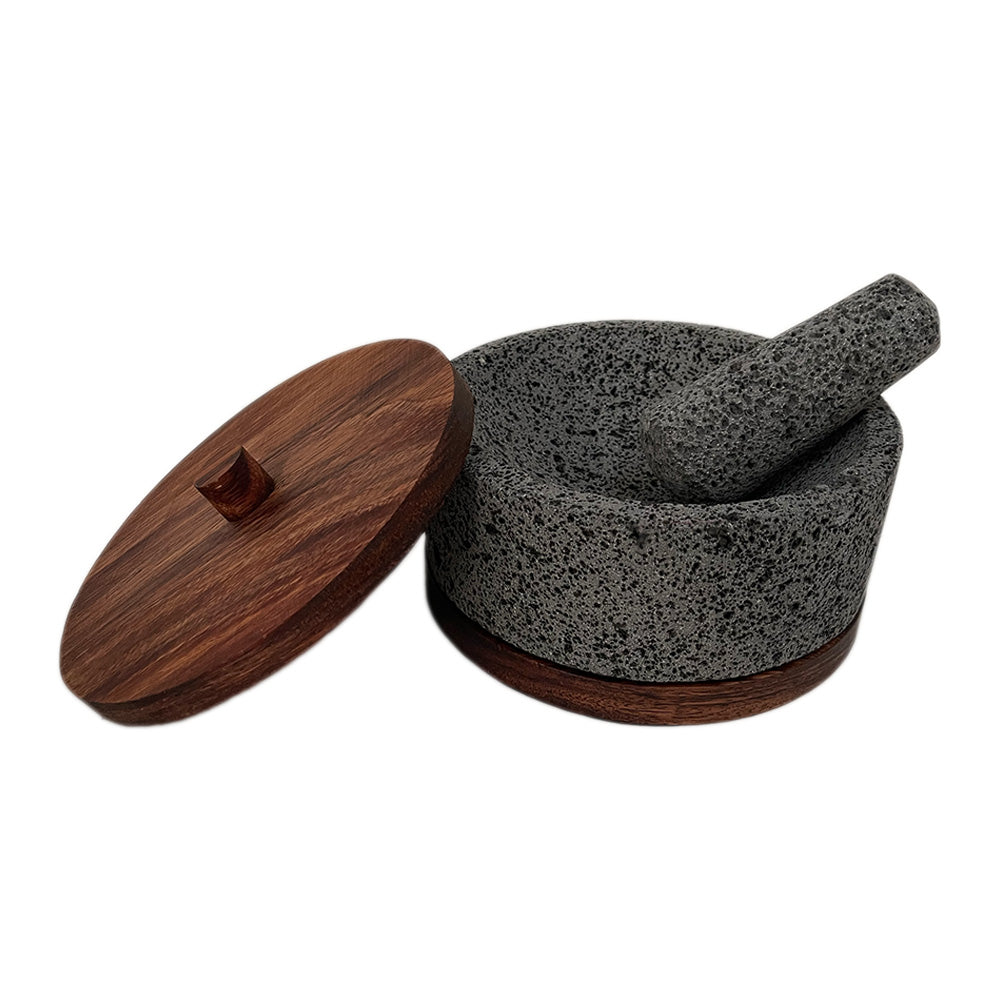Remate - Molcajete de Piedra Volcánica con Base y Tapa - Calli 8"