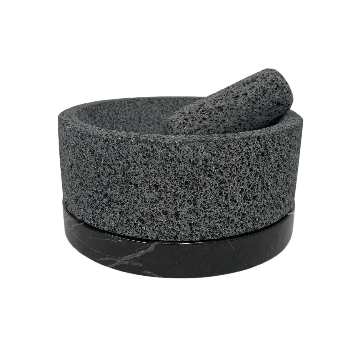 Molcajete Calli de Piedra Volcánica con Base de Mármol