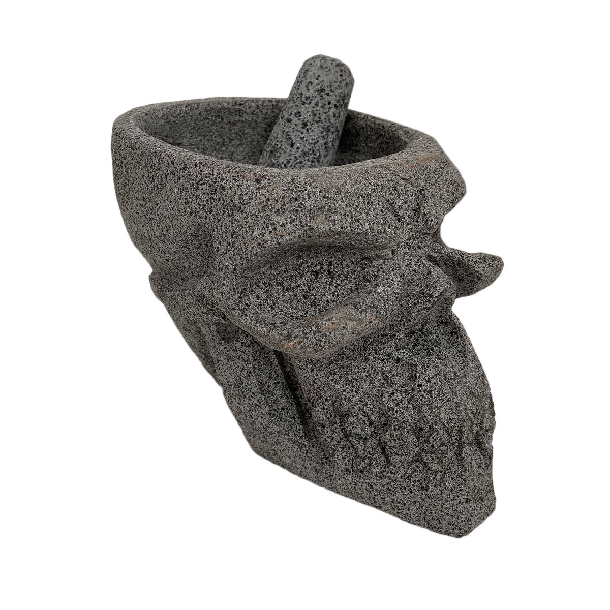 Molcajete en Forma de Cráneo de Piedra Volcánica