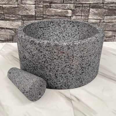 Molcajete Calli de Piedra Volcánica con Base Y Tapa De Madera de Parota (8 Litros)