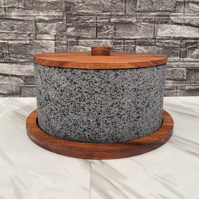 Molcajete Calli de Piedra Volcánica con Base Y Tapa De Madera de Parota (4 Litros)
