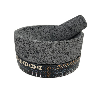 Molcajete de Piedra Volcánica con Base Pintada a Mano (Grande) - Calli 8" (Modelo A)