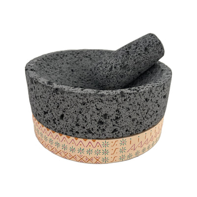 Molcajete de Piedra Volcánica con Base Pintada a Mano (Grande) - Calli 8" (Modelo B)