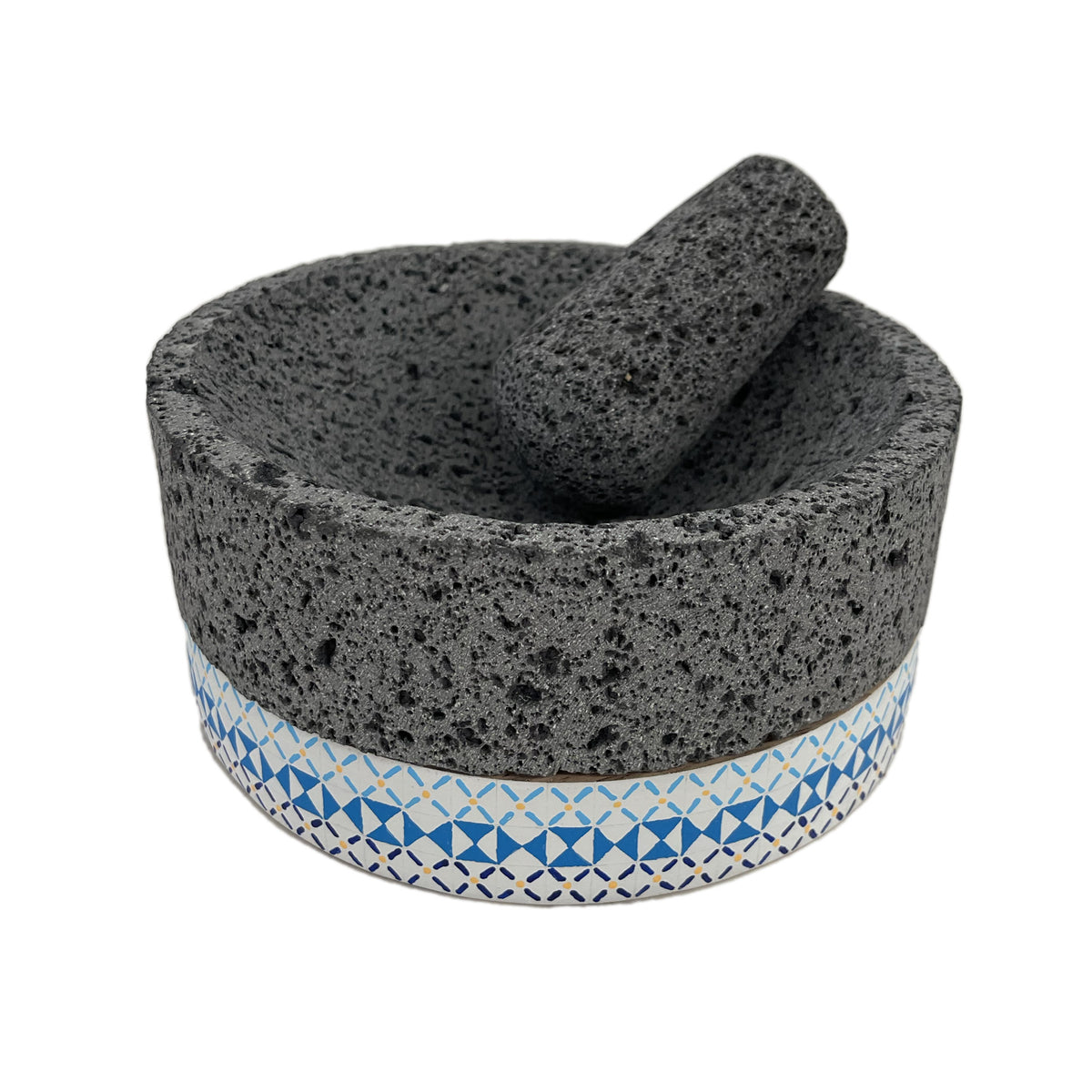 Molcajete de Piedra Volcánica con Base Pintada a Mano (Grande) - Calli 8" (Modelo C)