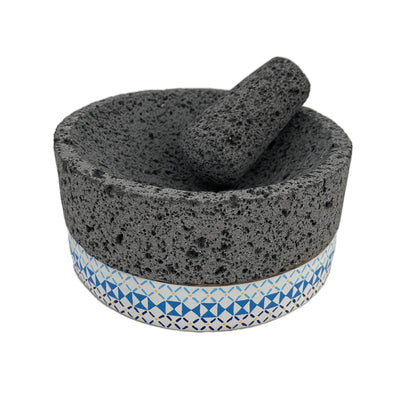 Molcajete de Piedra Volcánica con Base Pintada a Mano (Grande) - Calli 8" (Modelo C)