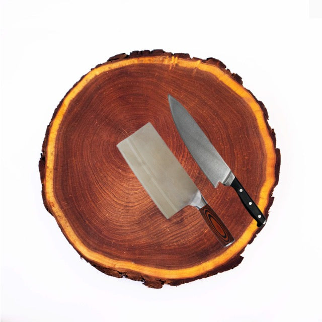 Kit Parrillero - Rodaja de Mezquite, Cuchillo Chef Mango de Baquelita y Hacha