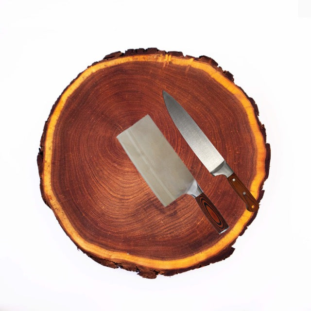 Kit Parrillero - Rodaja de Mezquite, Cuchillo Chef Mango de Madera y Hacha