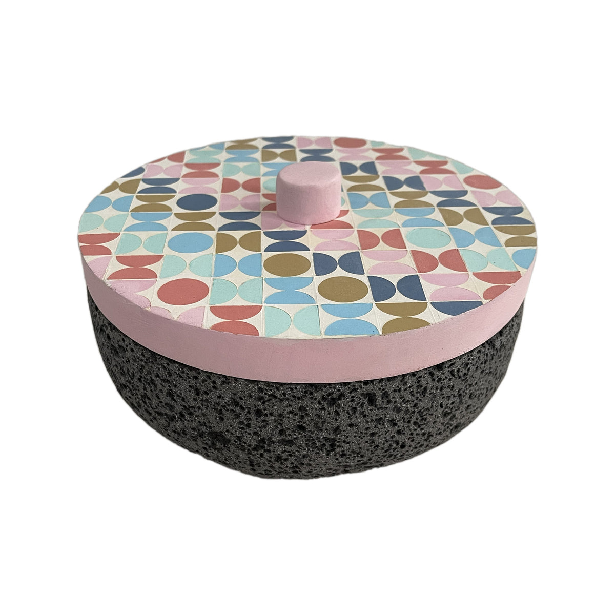 Tortillero De Piedra Volcánica Con Tapa de Madera de Parota Pintada a Mano - Tlahuanoni (Modelo C)