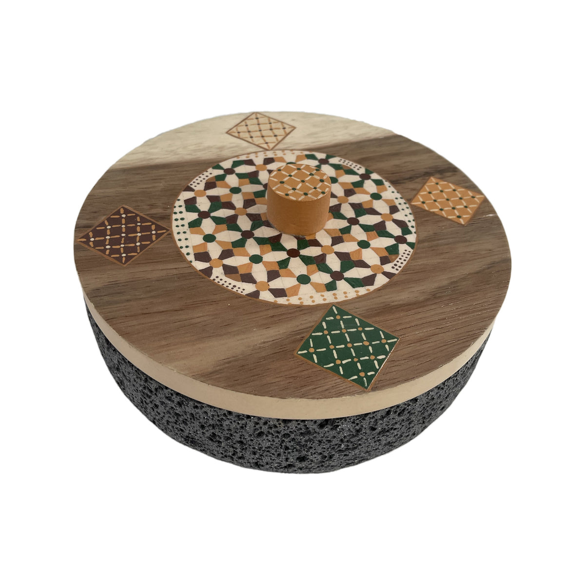 Tortillero De Piedra Volcánica Con Tapa de Madera de Parota Pintada a Mano - Tlahuanoni (Modelo E)